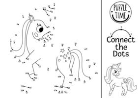 dot-to-dot and color activity with unicorn. Fairytale connect the dots game for children with cute fantasy animal. Magic world coloring page for kids. Printable worksheet vector