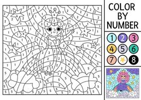Unicorn themed color by number activity with fairy sitting on the rainbow. Fairytale landscape scene. Black and white counting game with cute little princess. Magic coloring page for kids vector