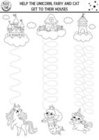 handwriting practice worksheet with unicorn, fairy, cat and their homes, castle. Fantasy printable black and white activity for kids. Tracing game for writing skills. Magic world coloring page vector