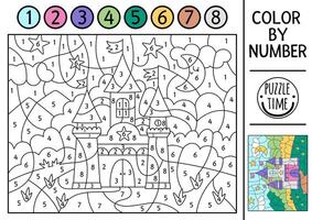 Unicorn themed color by number activity with castle. Fairytale landscape scene. Black and white counting game with cute fantasy palace with flags and towers. Magic coloring page for kids vector