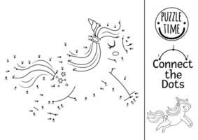 dot-to-dot and color activity with running unicorn. Fairytale connect the dots game for children with cute fantasy animal. Magic world coloring page for kids. Printable worksheet vector