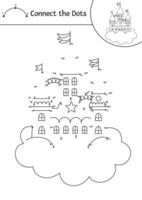 dot-to-dot and color activity with unicorn castle on cloud. Fairytale connect the dots game for children with cute fantasy palace. Magic world coloring page for kids. Printable worksheet vector