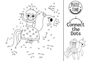 dot-to-dot and color activity with fairy riding a unicorn. Fairytale connect the dots game for children with cute fantasy princess. Magic world coloring page for kids. Printable worksheet vector