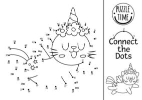 dot-to-dot and color activity with unicorn cat. Fairytale connect the dots game for children with cute fantasy animal. Magic world coloring page for kids. Printable worksheet with kitten vector