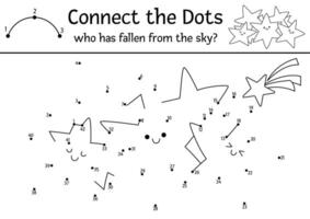 dot-to-dot and color activity with smiling falling stars. Fairytale connect the dots game for children with cute fantasy planets. Magic world coloring page for kids. Printable worksheet vector