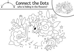 dot-to-dot and color activity with unicorn hiding in flowers. Fairytale connect the dots game for children with cute fantasy animal. Magic world coloring page for kids. Printable worksheet vector