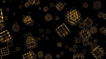 Loop gold mesh cube falling on black abstract background video