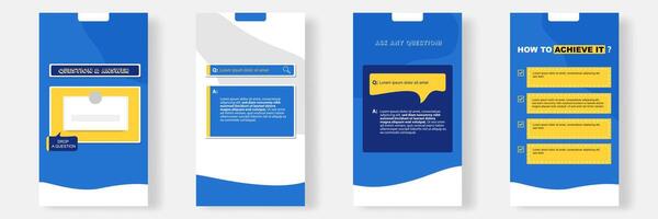Social media faq, question, answer stories banner layout template with geometric shape background and bubble message design element in blue yellow white color. illustration vector