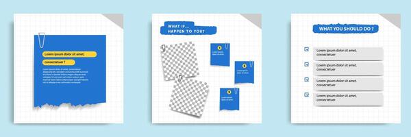 Social media post banner layout template with torn sticky paper note clips pin design element and seamless line pattern background. vector