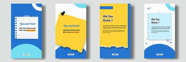 Social media tutorial, tips, trick, did you know post feed stories banner layout template with sticky note design element and abstract seamless line pattern background with torn sticky paper vector