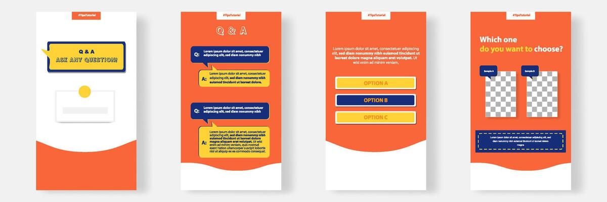 Social media faq, question, answer stories banner layout template with geometric shape background and bubble message design element in orange yellow white color