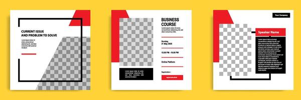 Social media post template bundle for online webinar, conference, training, seminar, course, and learning . Minimal modern and simple style in white red color vector