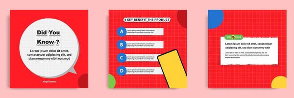 Social media tutorial, tips, trick, did you know post banner layout template in red color background with torn paper note clips, bubble text design element vector
