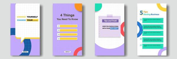 Social media tutorial, tips, trick post stories horizontal banner layout template with geometric background, memphis pattern design element in colorful color vector