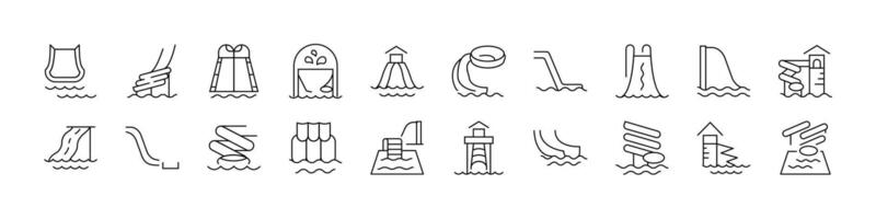 Water Slide Set of Thin Icons. Editable Stroke. Perfect for Web Sites, Books, Cards, Apps vector