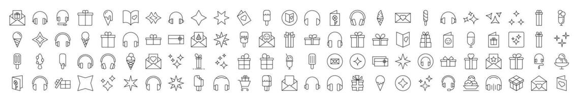 Pack of Line Icons of Party, Holiday, Headphones, Postcard. Editable Stroke. Minimalistic Linear Pictogram for Design of Cards, Apps, Banners, Posts vector