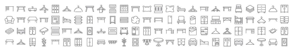 Furniture Icon Set. Contains Icons of Bed, Table, Mattress, Coat Hook that Can Be Used for Design of Cards, Posts, Apps, Web Sites vector