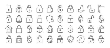 Pack of Lock Related Line Icons. Door and Padlock Outline Signs for Graphic and Web Design, Apps, Adverts, Various Cards vector