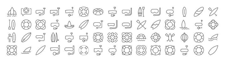 Set of Line Icons of Surfboard, Lifeline, Diving Mask. Minimalistic Linear Pictogram for Web and Graphic Design, Apps, Banners, Social Network and Cards vector
