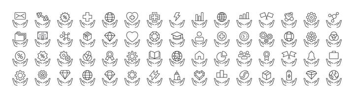 Time, Gem, Health etc over Open Hand Line Icon Collection. Outline Signs for Graphic and Web Design, Apps, Adverts, Various Cards vector
