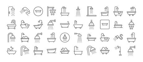 Pack of Shower and Bathtub Related Line Icons. Outline Signs for Graphic and Web Design, Apps, Adverts, Various Cards vector