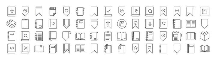 Pack of Book, Bookmark, Diary Related Line Icons. Outline Signs for Graphic and Web Design, Apps, Adverts, Various Cards vector