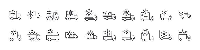 Delivery Truck with Snow Bundle of Related Line Icons. Outline Signs for Graphic and Web Design, Apps, Adverts, Various Cards vector