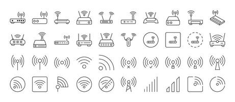 Collection of WiFi and Router Related Line Icons. Outline Signs for Graphic and Web Design, Apps, Adverts, Various Cards vector