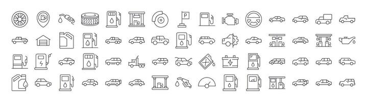 Car, Gas Station, Road Bundle of Related Line Icons. Outline Signs for Graphic and Web Design, Apps, Adverts, Various Cards vector