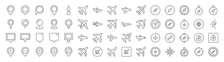 Collection of Plane, Map Pin, Compass Related Line Icons. Outline Signs for Graphic and Web Design, Apps, Adverts, Various Cards vector