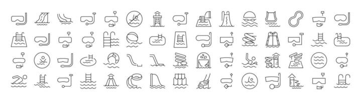 Water Park, Aquapark, Swimming Pool, Diving Line Icon Bundle. Outline Signs for Graphic and Web Design, Apps, Adverts, Various Cards vector