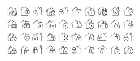 House with Lock Line Icon Bundle. Minimalistic Linear Pictogram for Web and Graphic Design, Apps, Banners, Social Network and Cards vector