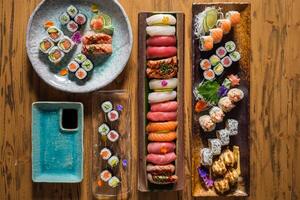 Assorted sushi with soy sauce photo