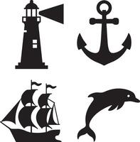 A set of different type of design elements like light house, anchor, ship and dolphin. vector