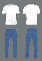 illustration of a casual outfit featuring a plain white T-shirt and classic blue jeans, in both front and back views on grey background vector