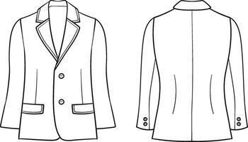 Line art illustration of a blazer, shown from both front and back views, featuring a structured lapel, button closure, and elegant pocket detail vector