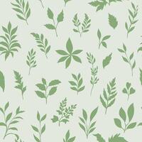 A seamless pattern with various green leaves in silhouette art style, creating a fresh and natural botanical design vector