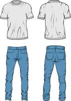 A detailed illustration of a casual outfit featuring a plain white T-shirt and classic blue jeans, in both front and back views, fabric folds, seams, and stitching details vector