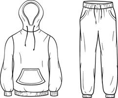 illustration of a line art tracksuit of a hooded sweatshirt with a front pocket and drawstrings, with matching jogger pants featuring an elastic waistband and side pockets on white background vector