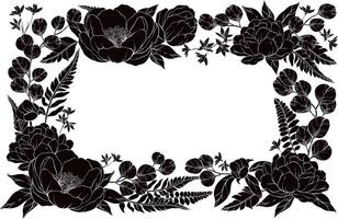 A silhouette floral illustration of a square frame adorned with lush delicate peonies, small flowers, and eucalyptus leaves, elegantly arranged with fern accents, set on white background vector