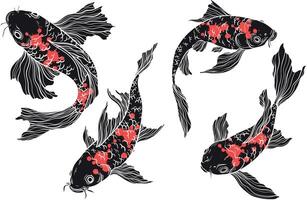 Black and red Koi carp set on white background, Chinese new year, fish for festival on backdrops, line art of koi fish vector