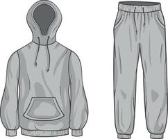 illustration of a monochrome tracksuit of a hooded sweatshirt with a front pocket and drawstrings, with matching jogger pants featuring an elastic waistband and side pockets on white background vector