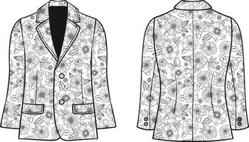 A detailed illustration of a floral-patterned blazer, shown from both front and back views, featuring a structured lapel, button closure, and elegant pocket detail vector