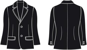 silhouette black illustration of a blazer, shown from both front and back views, featuring a structured lapel, button closure, and elegant pocket detail vector