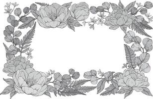 A monochrome floral illustration of a square frame adorned with lush delicate peonies, small flowers, and eucalyptus leaves, elegantly arranged with fern accents, set on white background vector