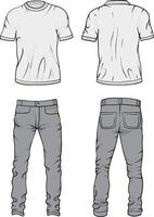 Monochrome gray illustration of a casual outfit featuring a plain white T-shirt and jeans, in both front and back views, fabric folds, seams, and stitching details vector