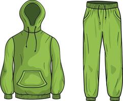 illustration of a green tracksuit of a hooded sweatshirt with a front pocket and drawstrings, with matching jogger pants featuring an elastic waistband and side pockets on white background vector