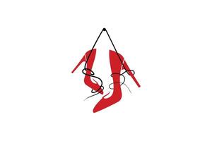 illustration of red high heel shoe logo design with hanging concept vector