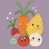 Funny vegetables on a light background. Illustration with live tasty vegetables on a spring theme. Vegetables for a late table, healthy eating, stickers and covers vector