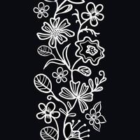 Seamless trailing white lines floral stripe on a black background. Hand drawn abstract botanical design with daisies, lilies, and wildflowers. vector
